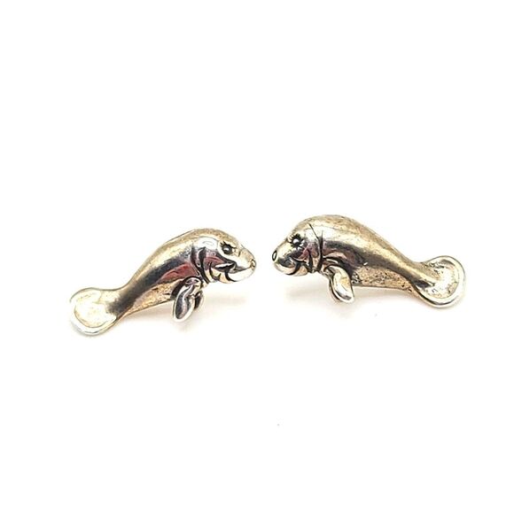 Vintage Kabana Sterling Silver Manatee Earrings, Posts - Picture 1 of 2